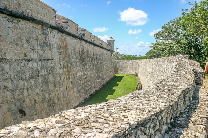 The imposing walls of the historic fort in Campeche, built to protect the city from pirate attacks during the colonial period.