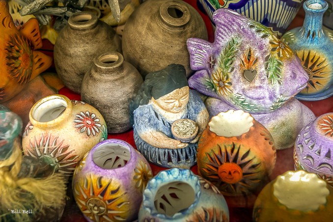 A display of beautifully crafted pottery in Ensenada. These vibrant and intricate pieces highlight the local artisans' talent and the cultural artistry of the region. Pottery like this makes for a unique and memorable souvenir for visitors.