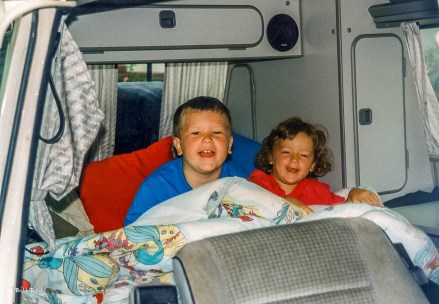 Two of our children, Adam and Dylan, prepare for the long drive to the Bay of Conception in the back of our Westy. In those days, seatbelts were not considered essential for safety