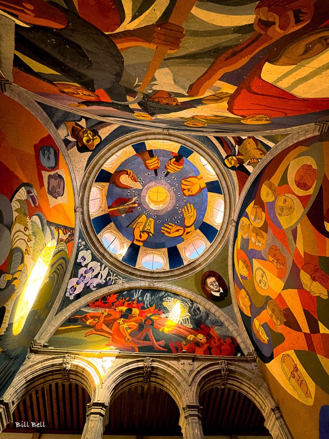 The breathtaking ceiling murals inside the Palacio de Gobierno, illustrating Morelia's rich cultural and historical heritage through vibrant artwork.