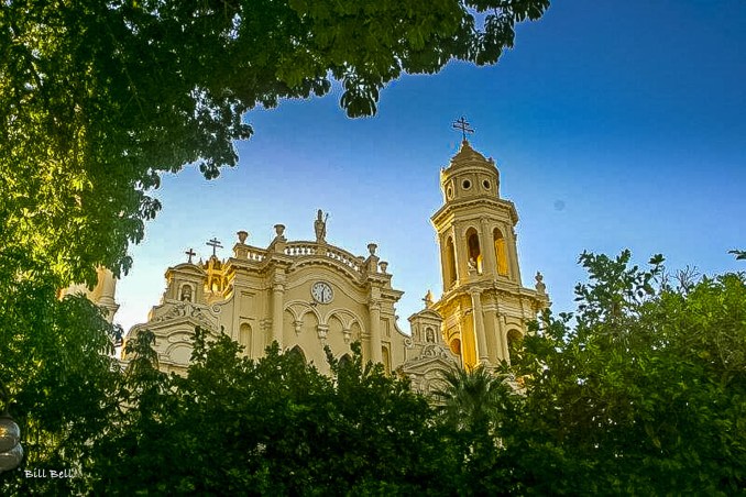 The Cathedral of the Assumption of the Blessed Virgin Mary in Hermosillo is partially obscured by lush greenery, offering a serene view of this historic landmark